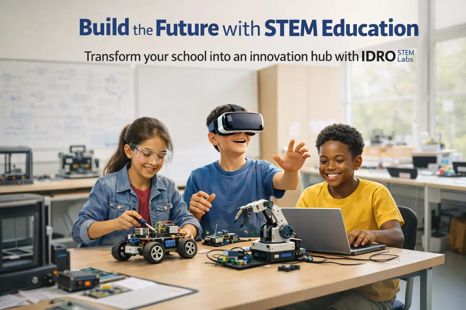 Students building robots in STEM lab